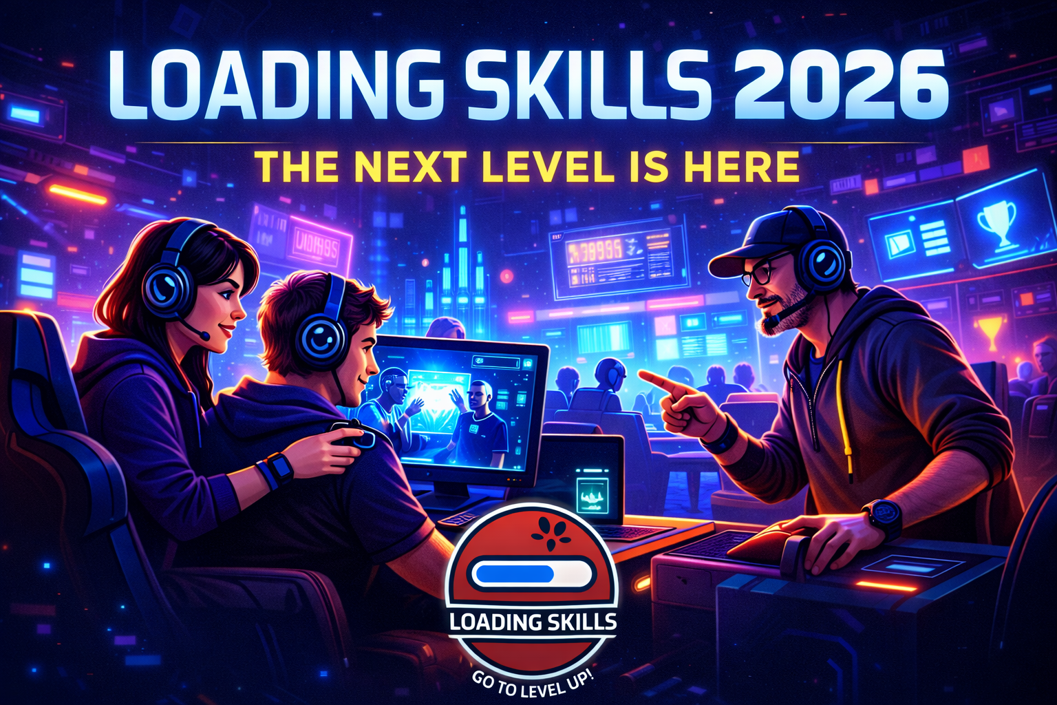 Futuristic neon gaming hub with players learning and coaching online - Loading Skills